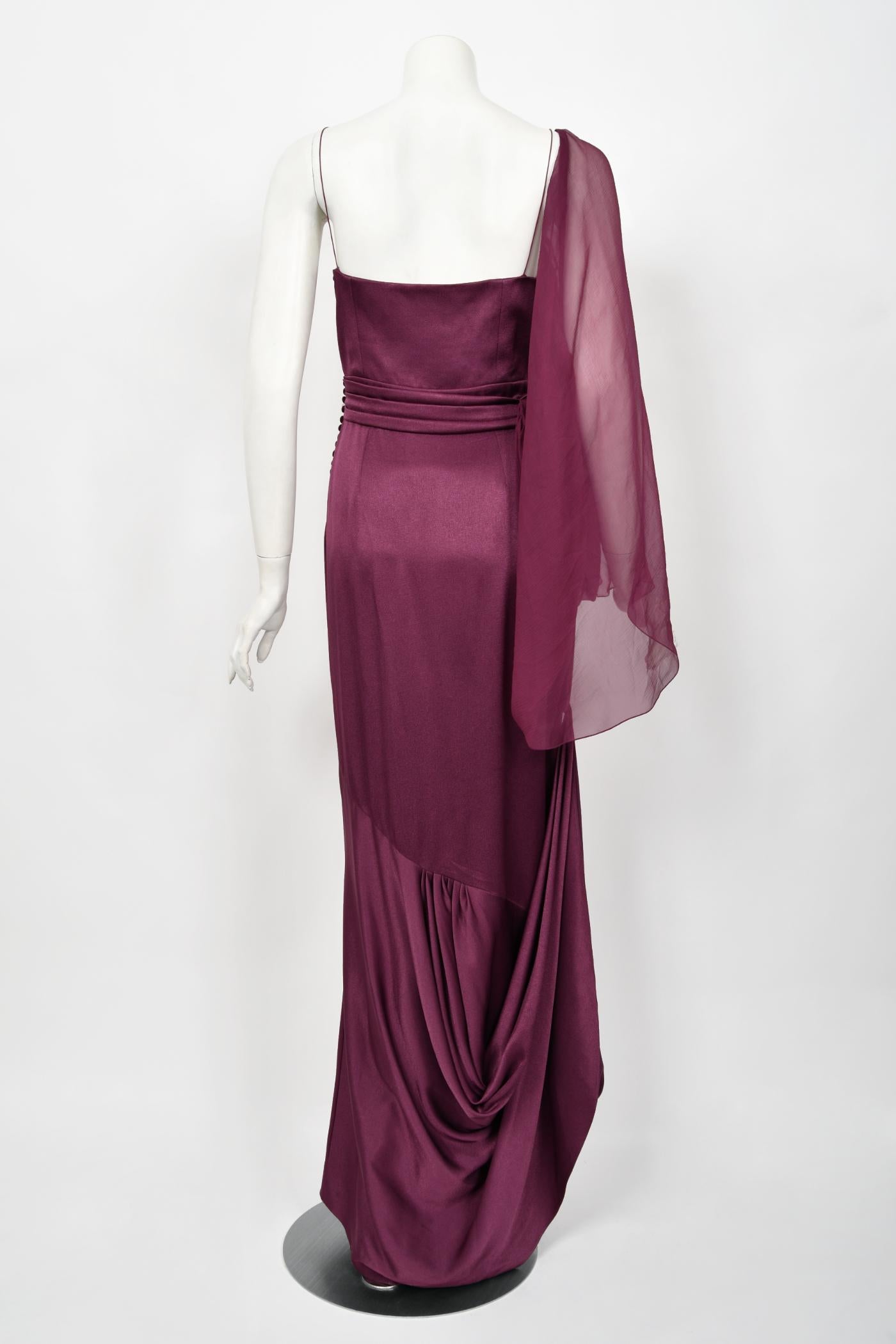 2000 Christian Dior by Galliano Purple Silk Sheer-Sleeve Asymmetric Draped Gown For Sale 7