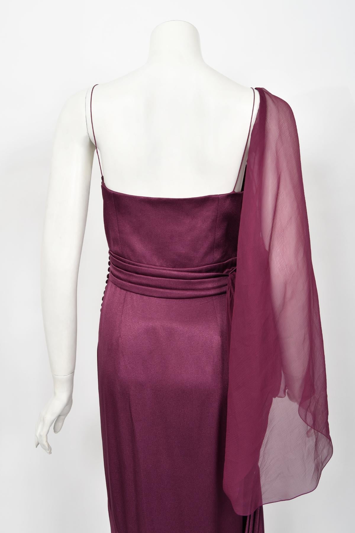 2000 Christian Dior by Galliano Purple Silk Sheer-Sleeve Asymmetric Draped Gown For Sale 8