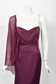 2000 Christian Dior by Galliano Purple Silk Sheer-Sleeve Asymmetric Draped Gown