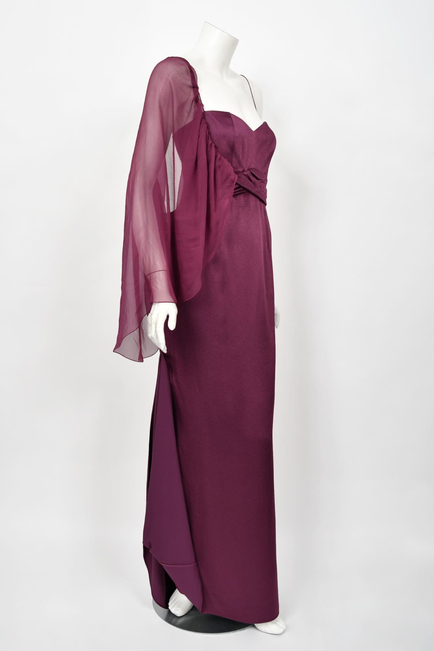 2000 Christian Dior by Galliano Purple Silk Sheer-Sleeve Asymmetric Draped Gown In Good Condition For Sale In Beverly Hills, CA