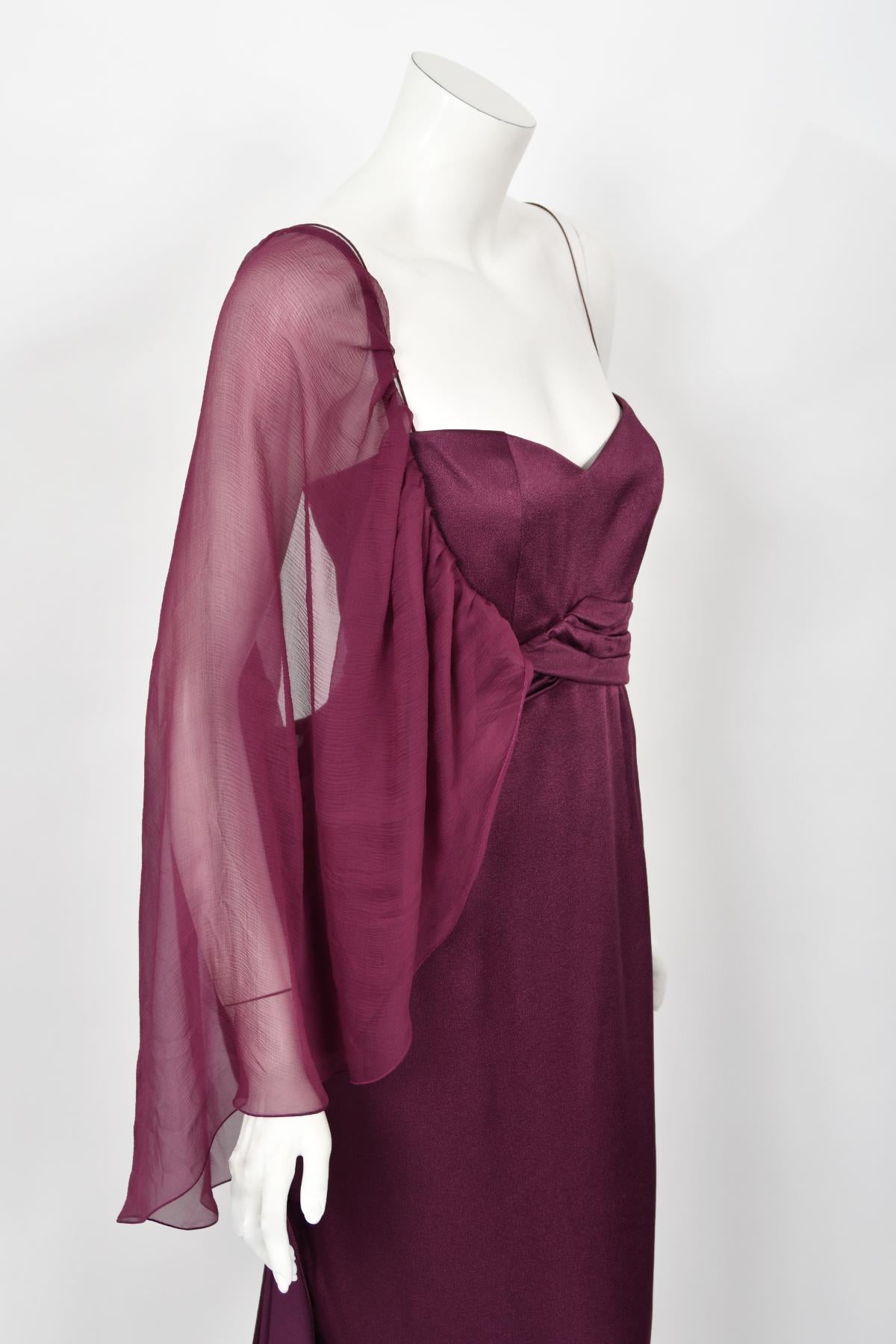 Women's 2000 Christian Dior by Galliano Purple Silk Sheer-Sleeve Asymmetric Draped Gown For Sale