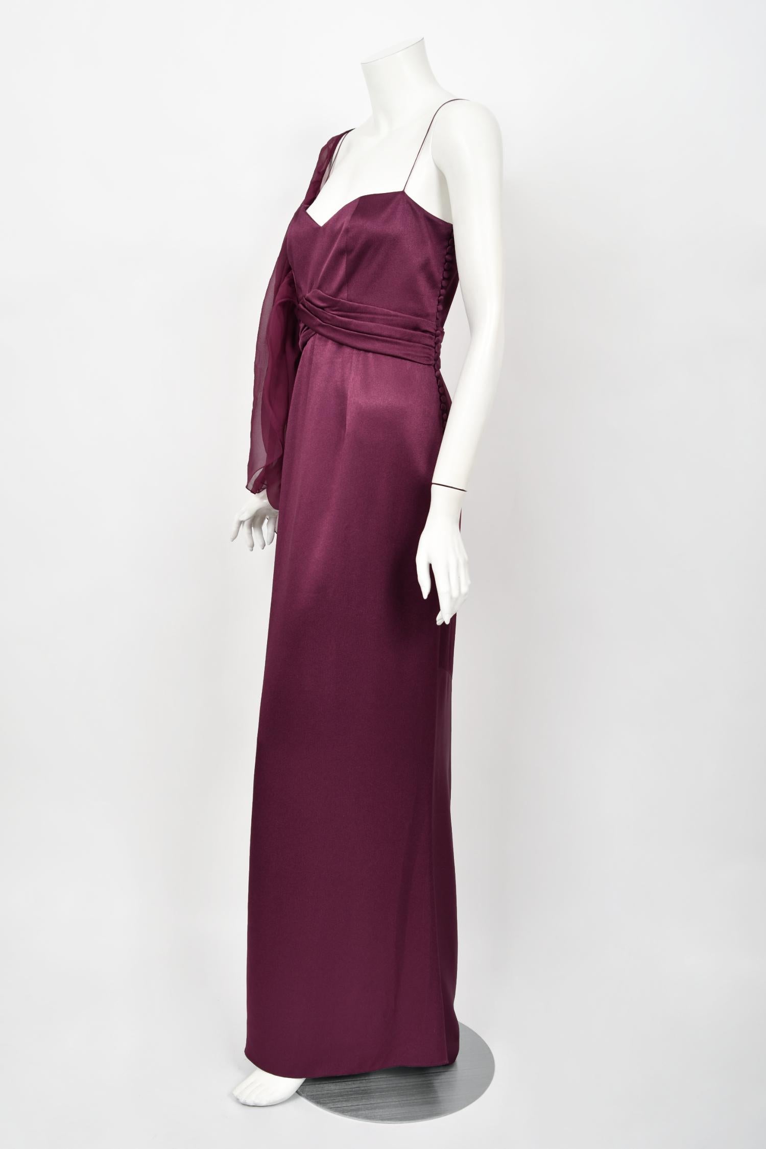 2000 Christian Dior by Galliano Purple Silk Sheer-Sleeve Asymmetric Draped Gown For Sale 1