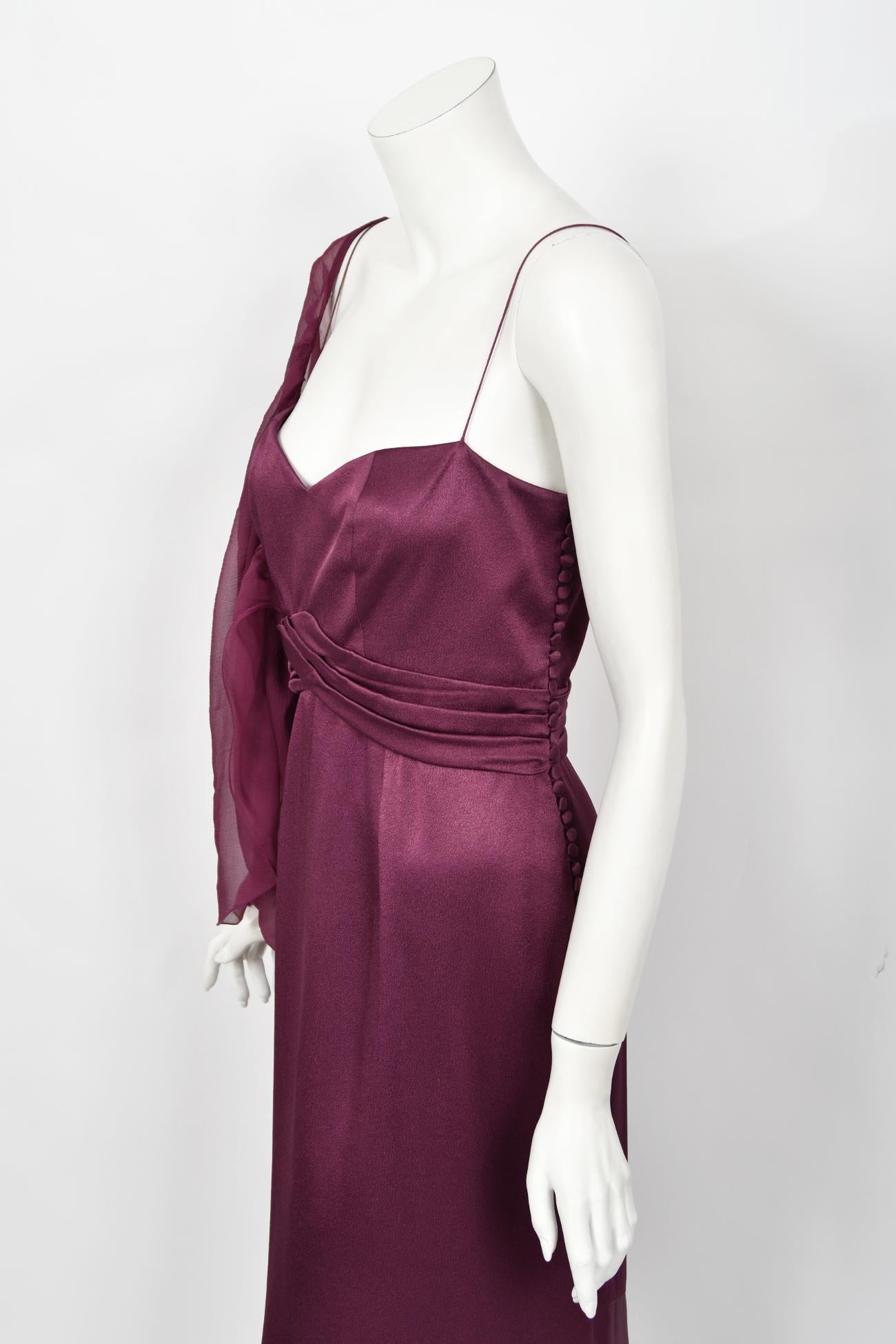 2000 Christian Dior by Galliano Purple Silk Sheer-Sleeve Asymmetric Draped Gown For Sale 2