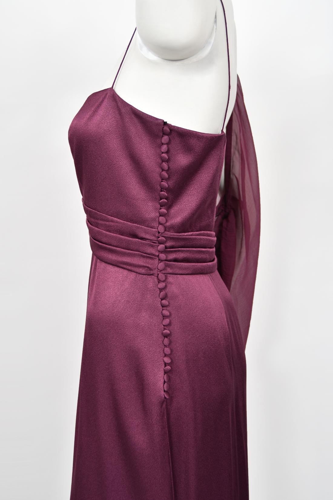 2000 Christian Dior by Galliano Purple Silk Sheer-Sleeve Asymmetric Draped Gown For Sale 3