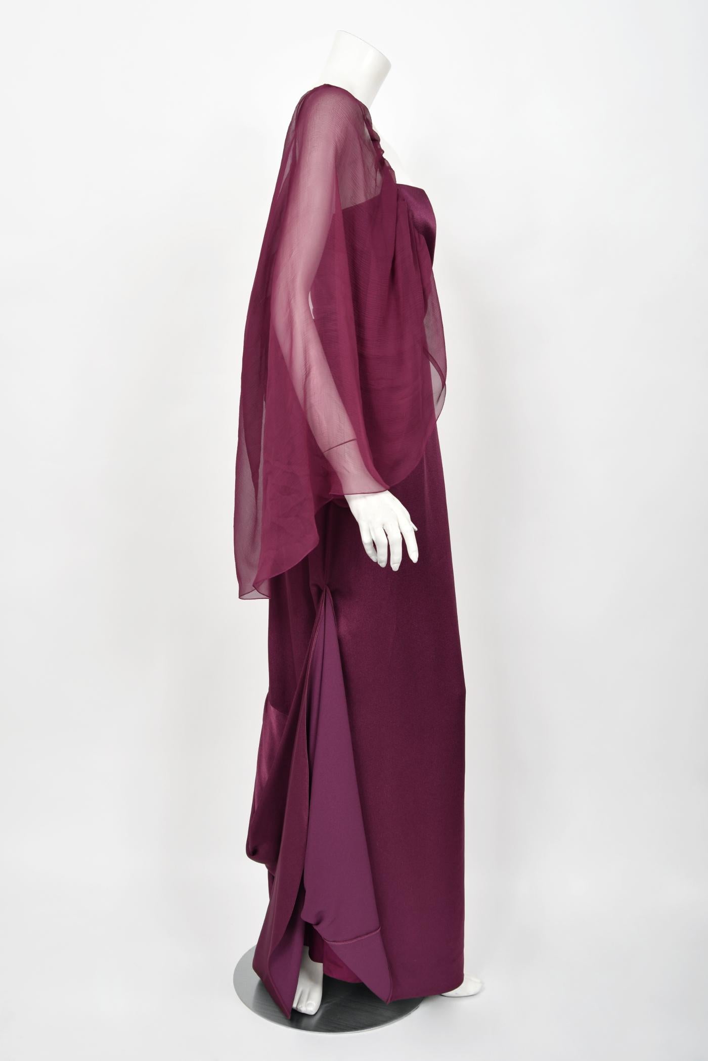 2000 Christian Dior by Galliano Purple Silk Sheer-Sleeve Asymmetric Draped Gown For Sale 4