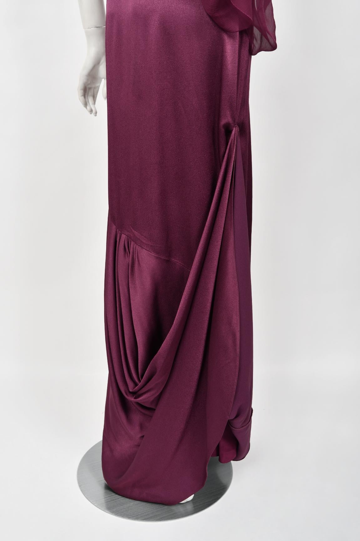 2000 Christian Dior by Galliano Purple Silk Sheer-Sleeve Asymmetric Draped Gown For Sale 5