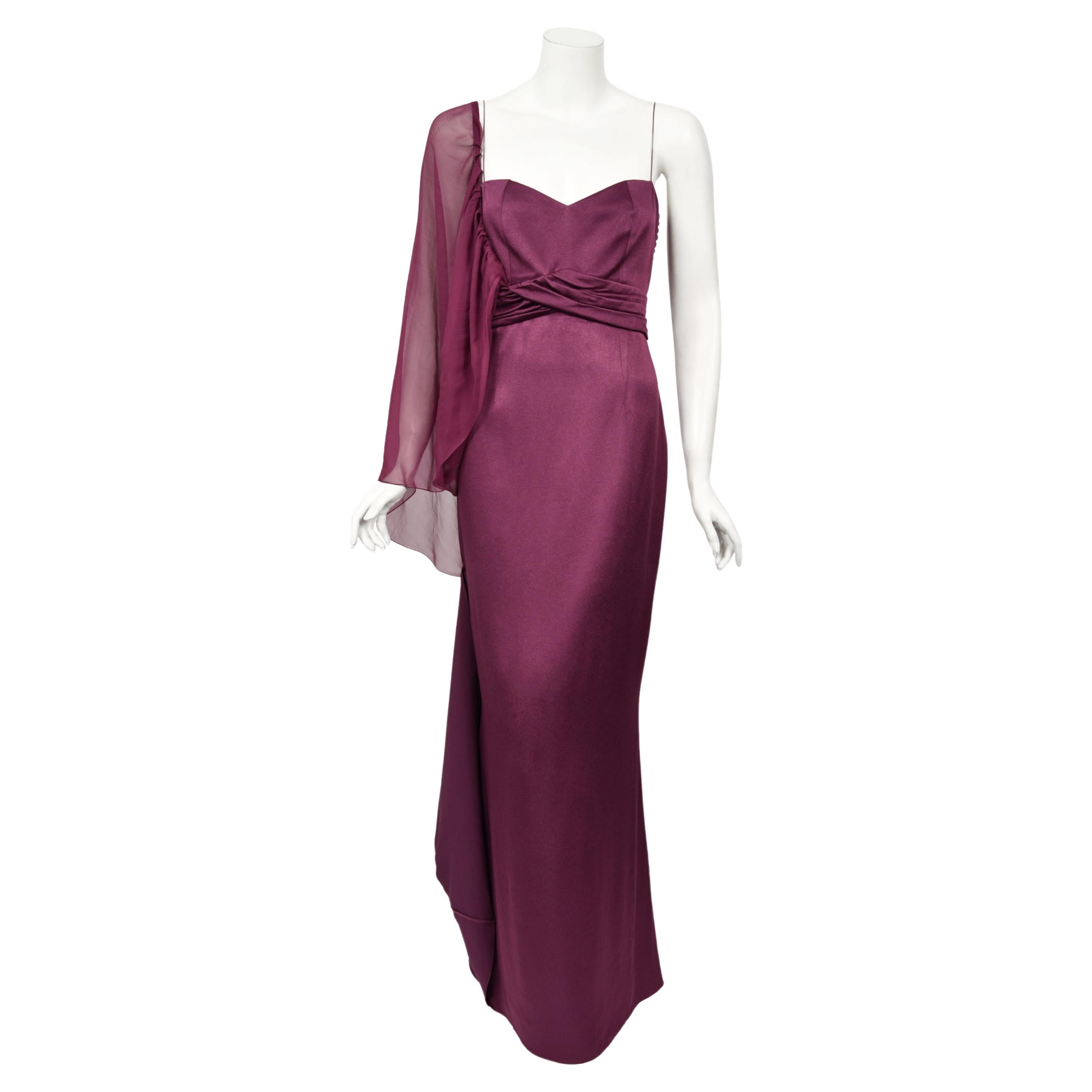 2000 Christian Dior by Galliano Purple Silk Sheer-Sleeve Asymmetric Draped Gown For Sale