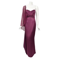2000 Christian Dior by Galliano Purple Silk Sheer-Sleeve Asymmetric Draped Gown