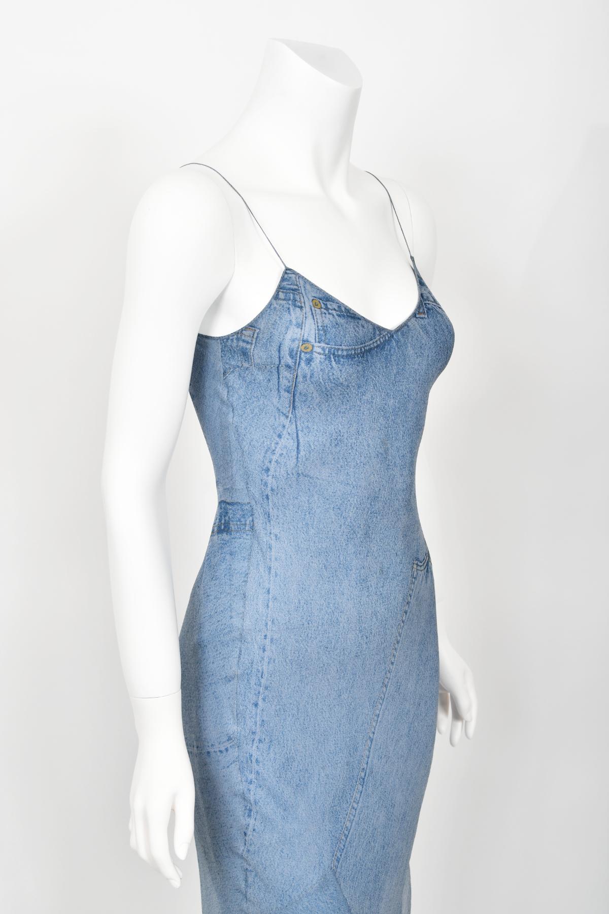 2000 Christian Dior by Galliano Trompe L'oeil Denim Print Silk Bias-Cut Dress 9