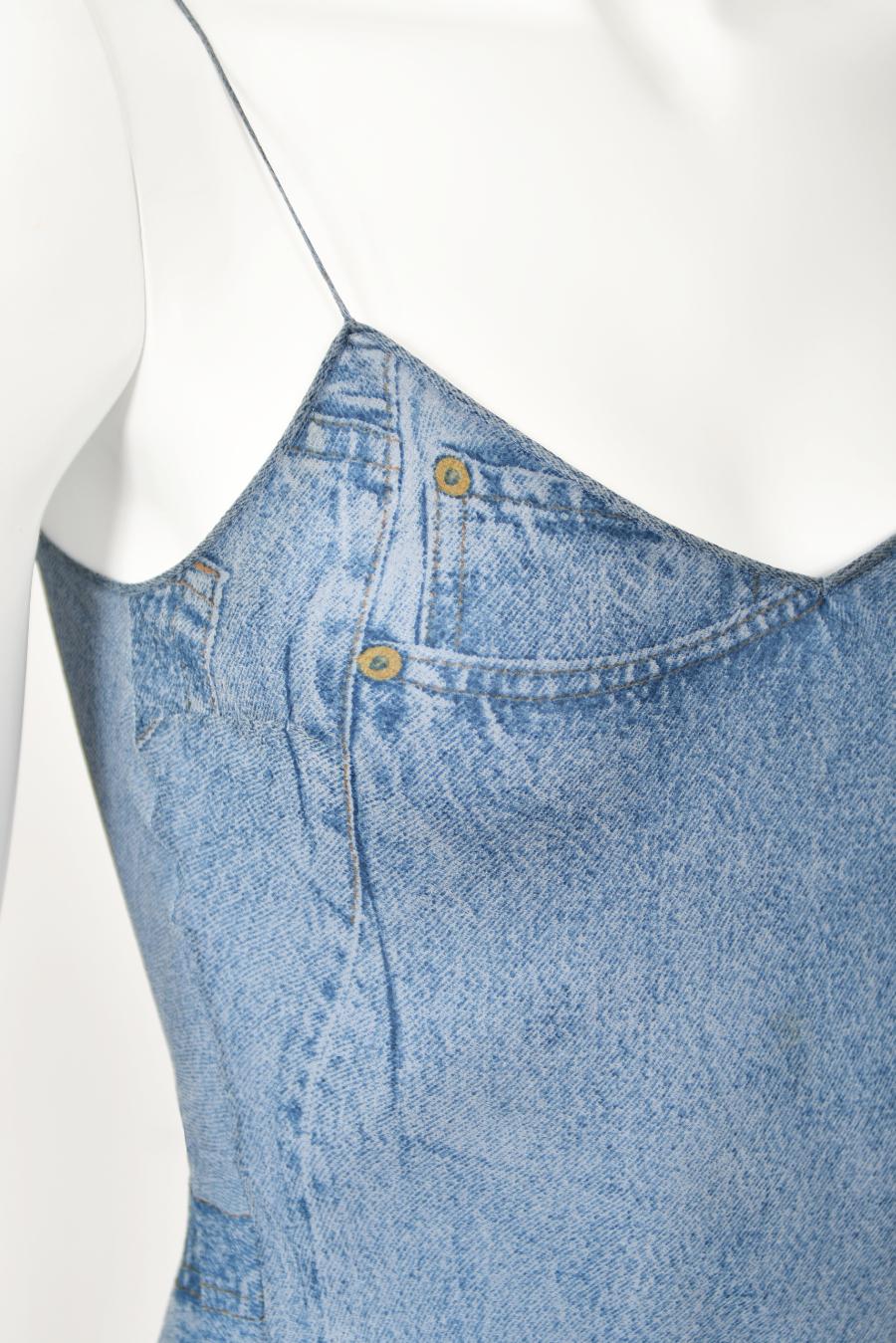 2000 Christian Dior by Galliano Trompe L'oeil Denim Print Silk Bias-Cut Dress 10