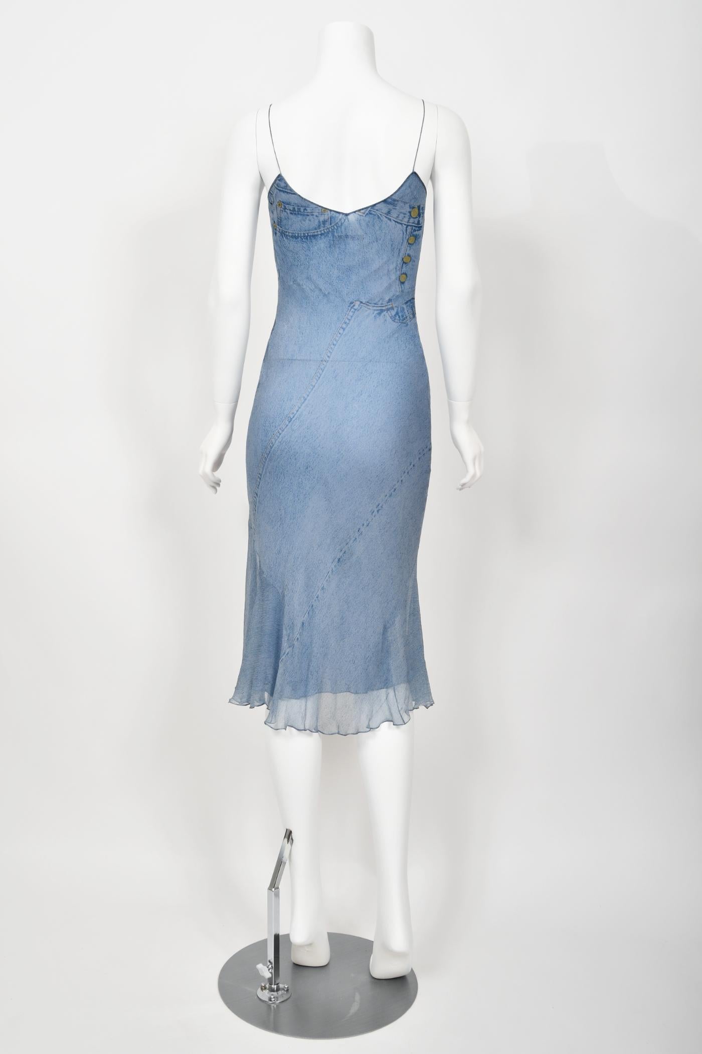2000 Christian Dior by Galliano Trompe L'oeil Denim Print Silk Bias-Cut Dress 12