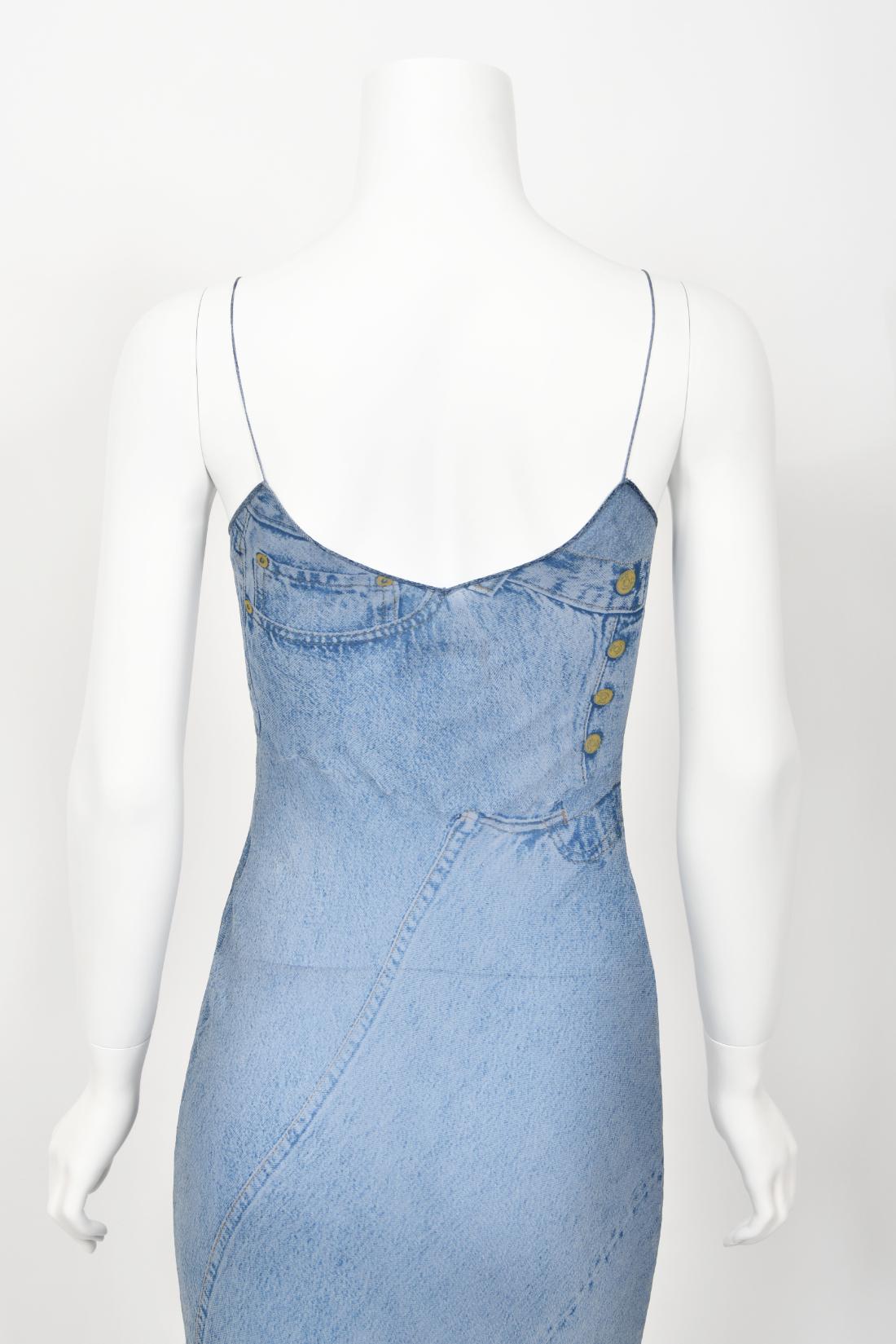 2000 Christian Dior by Galliano Trompe L'oeil Denim Print Silk Bias-Cut Dress 13