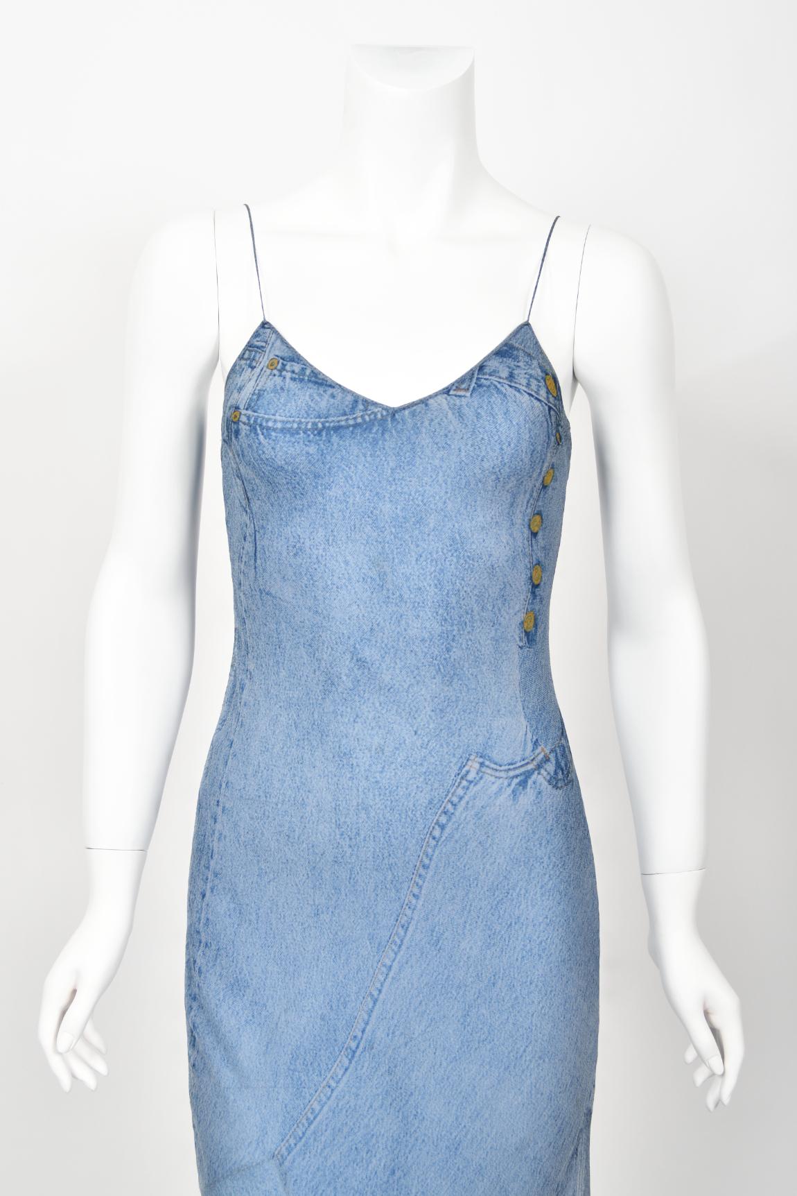 2000 Christian Dior by Galliano Trompe L'oeil Denim Print Silk Bias-Cut Dress For Sale 2