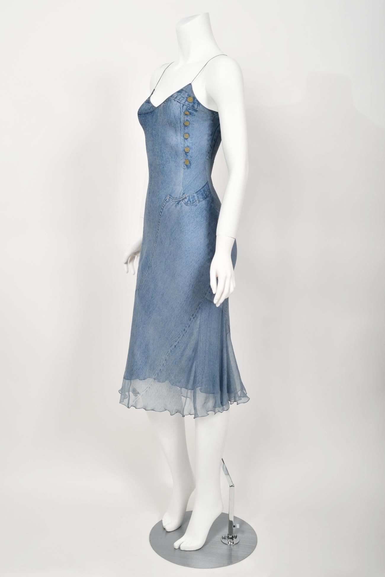 2000 Christian Dior by Galliano Trompe L'oeil Denim Print Silk Bias-Cut Dress 3