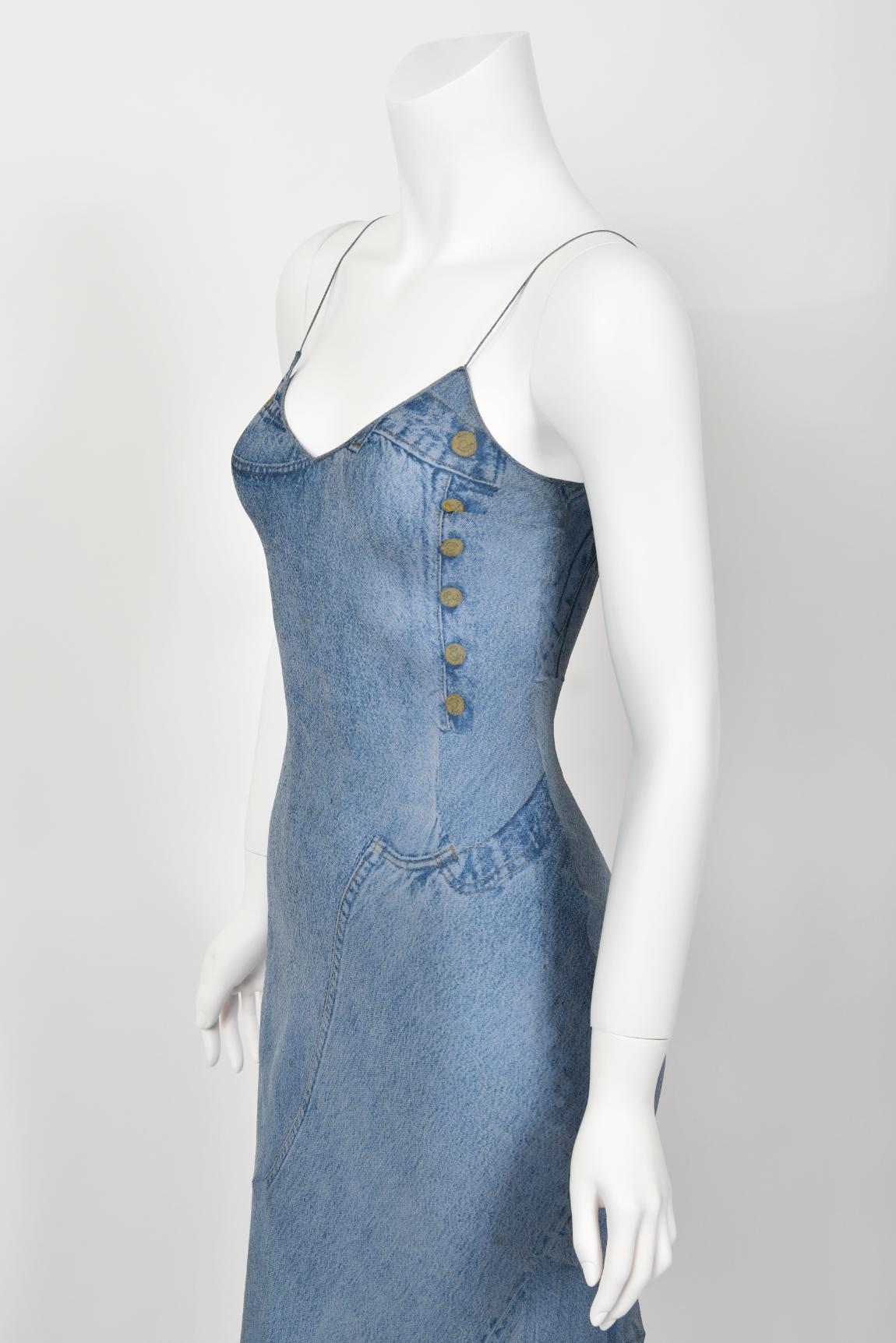 2000 Christian Dior by Galliano Trompe L'oeil Denim Print Silk Bias-Cut Dress 4