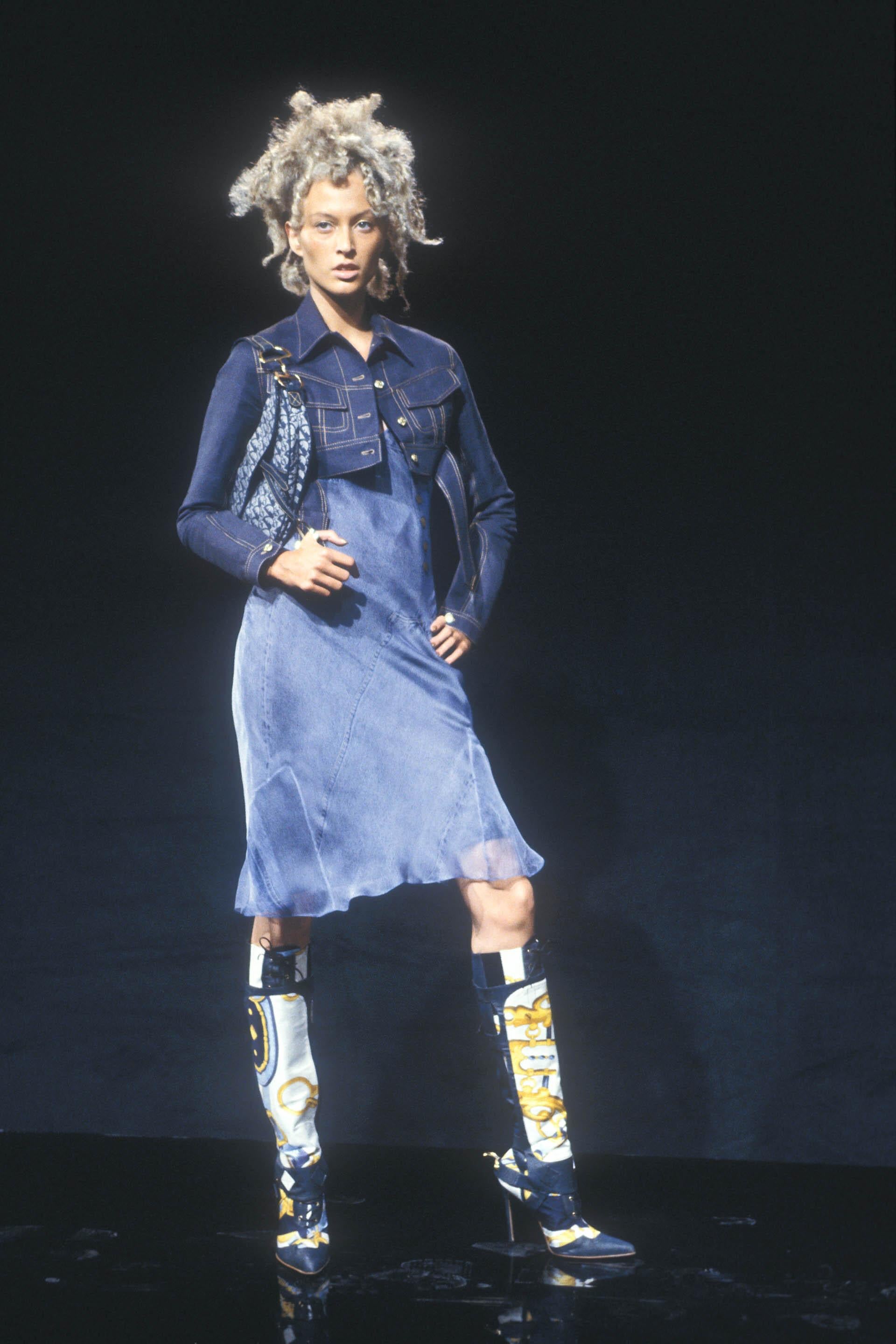 2000 Christian Dior by Galliano Trompe L'oeil Denim Print Silk Bias-Cut Dress 6