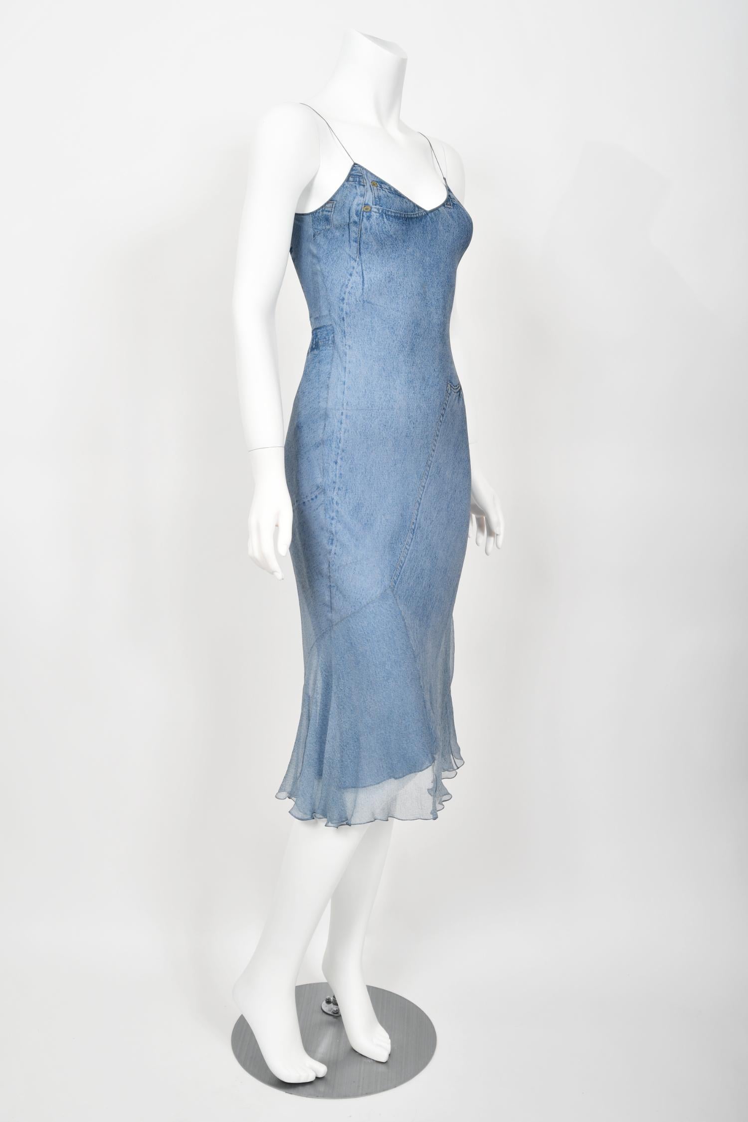 2000 Christian Dior by Galliano Trompe L'oeil Denim Print Silk Bias-Cut Dress 8