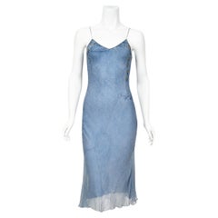 Vintage 2000 Christian Dior by Galliano Trompe L'oeil Denim Print Silk Bias-Cut Dress