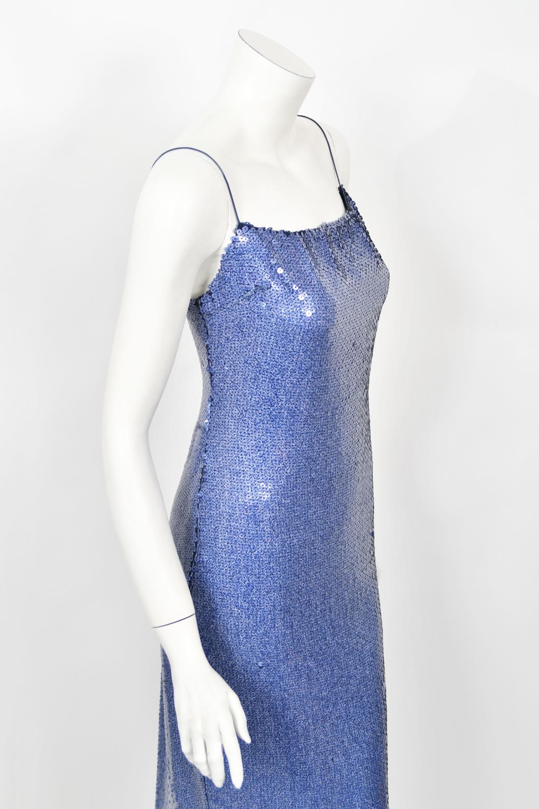 2000 Christian Dior by John Galliano Fully-Sequin Ocean Blue Bias-Cut Slip Gown  8