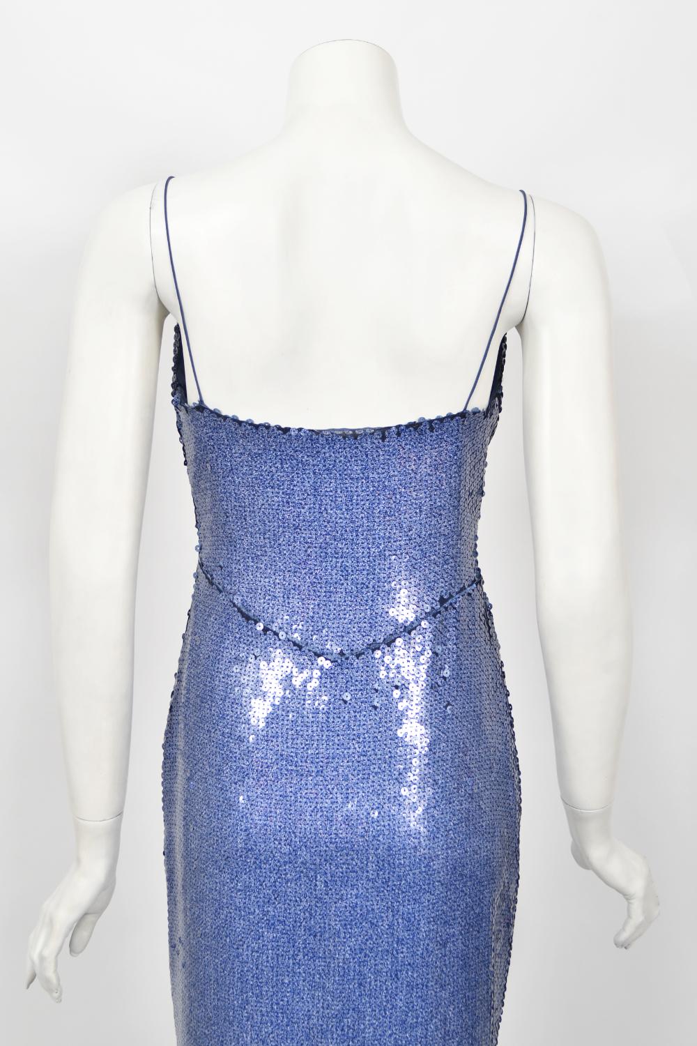 2000 Christian Dior by John Galliano Fully-Sequin Ocean Blue Bias-Cut Slip Gown  12