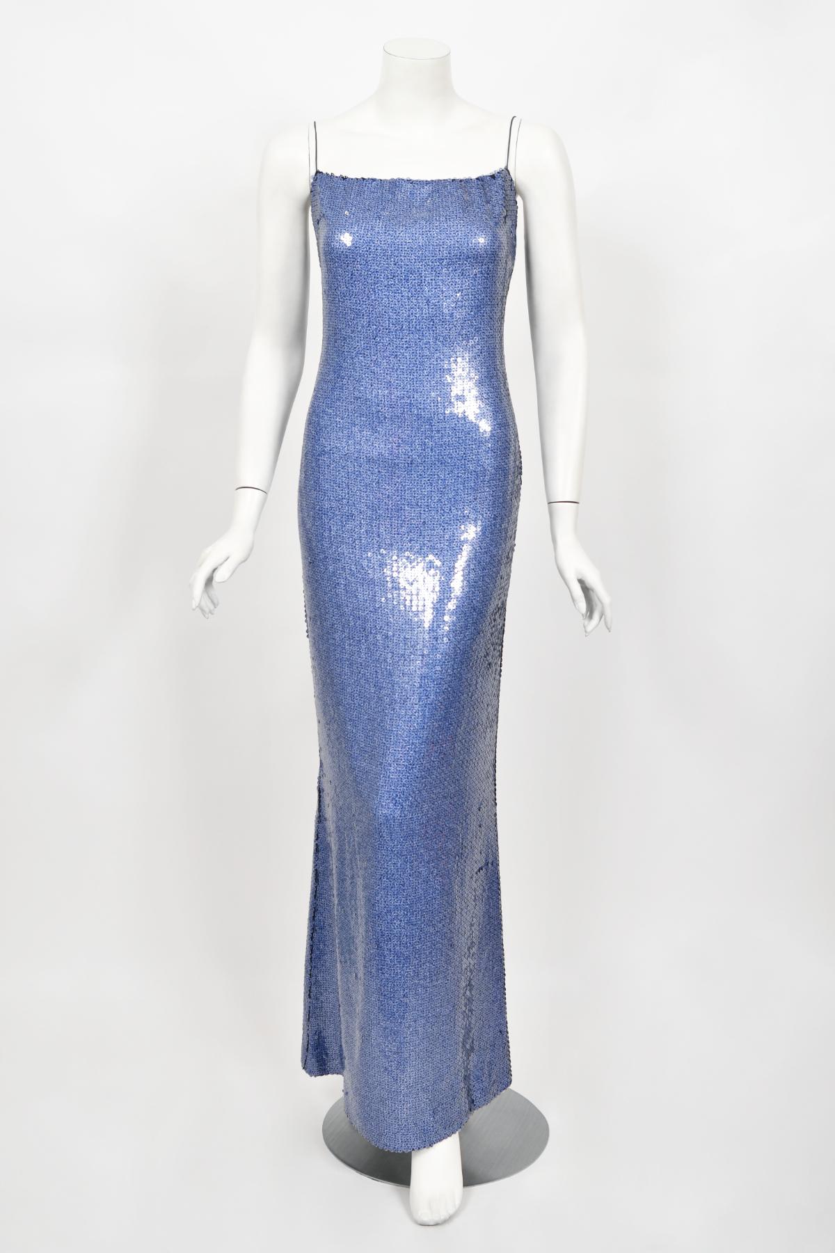 2000 Christian Dior by John Galliano Fully-Sequin Ocean Blue Bias-Cut Slip Gown  5
