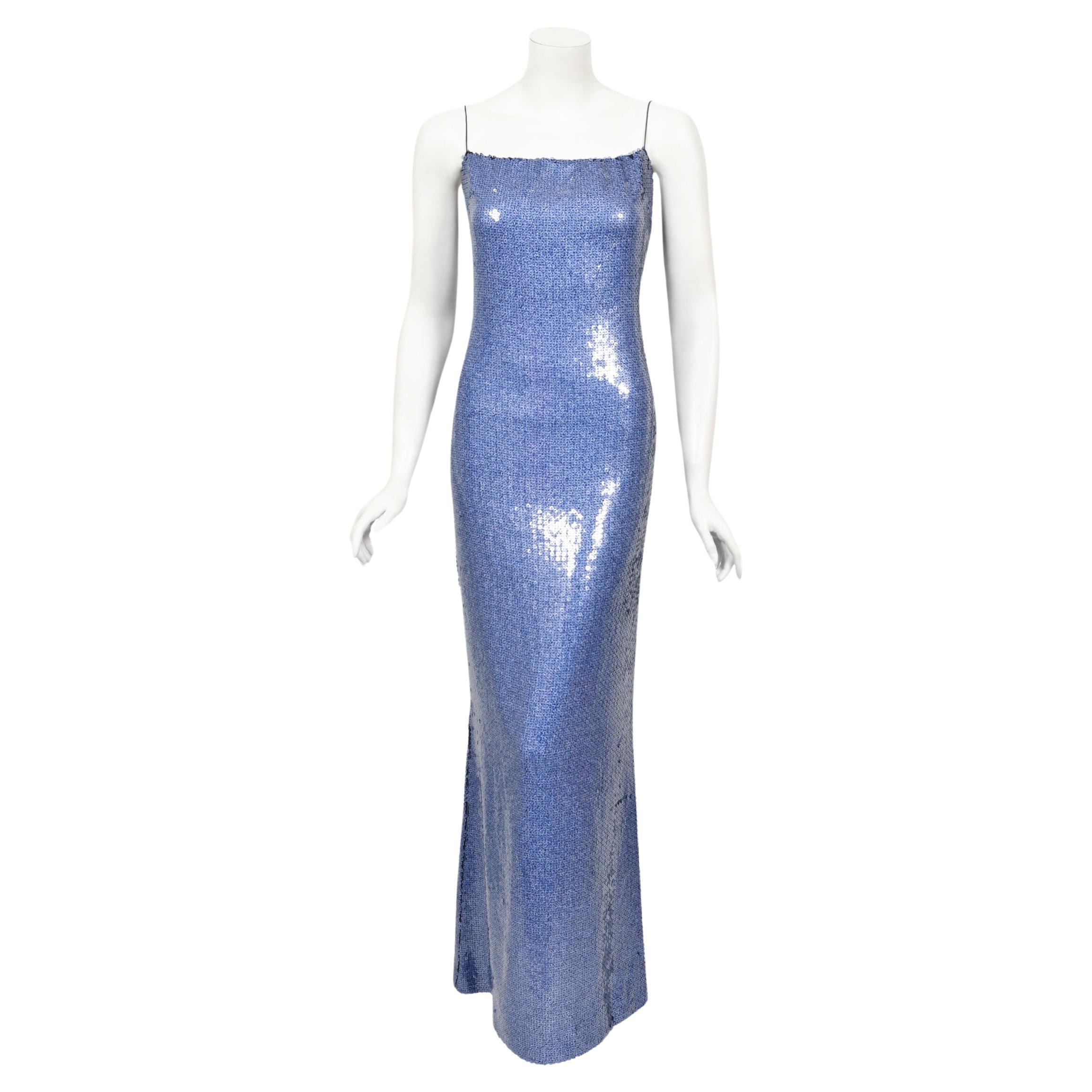 2000 Christian Dior by John Galliano Fully-Sequin Ocean Blue Bias-Cut Slip Gown 