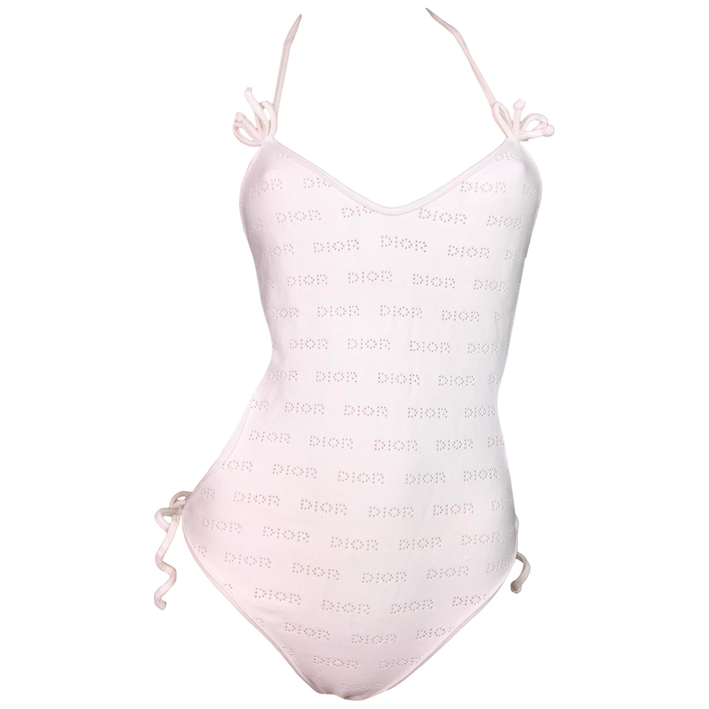 2002 Christian Dior John Galliano White Cut-Out Logo Monogram Bodysuit Swimsuit