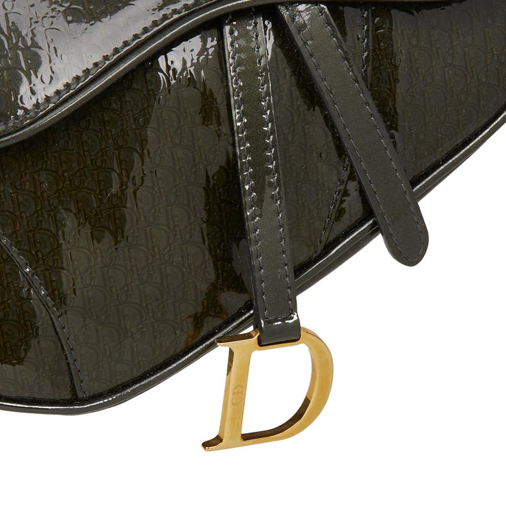 Black 2000 Christian Dior Olive Green Monogram Patent Leather Mini Saddle Bag