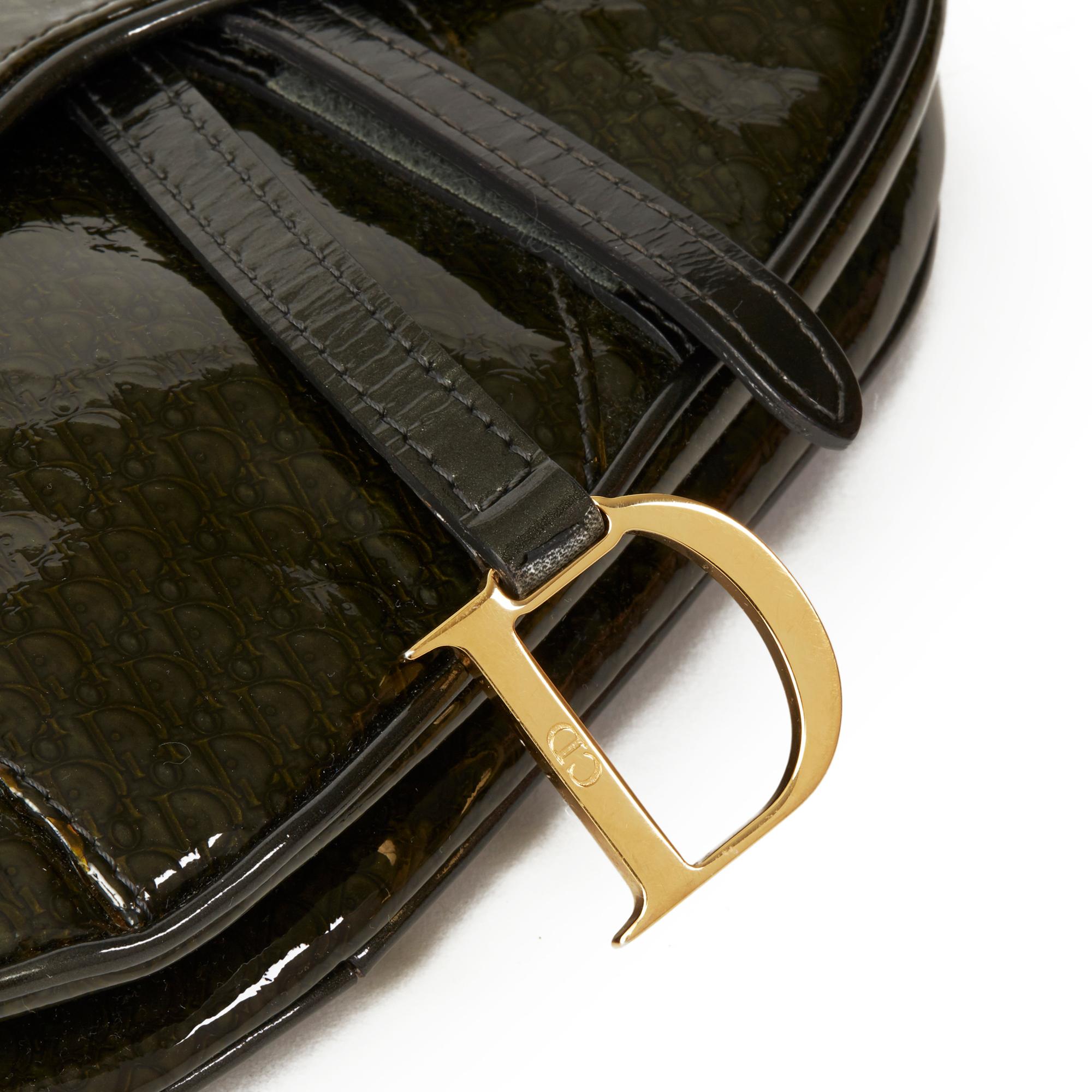 Black 2000 Christian Dior Olive Green Monogram Patent Leather Mini Saddle Bag