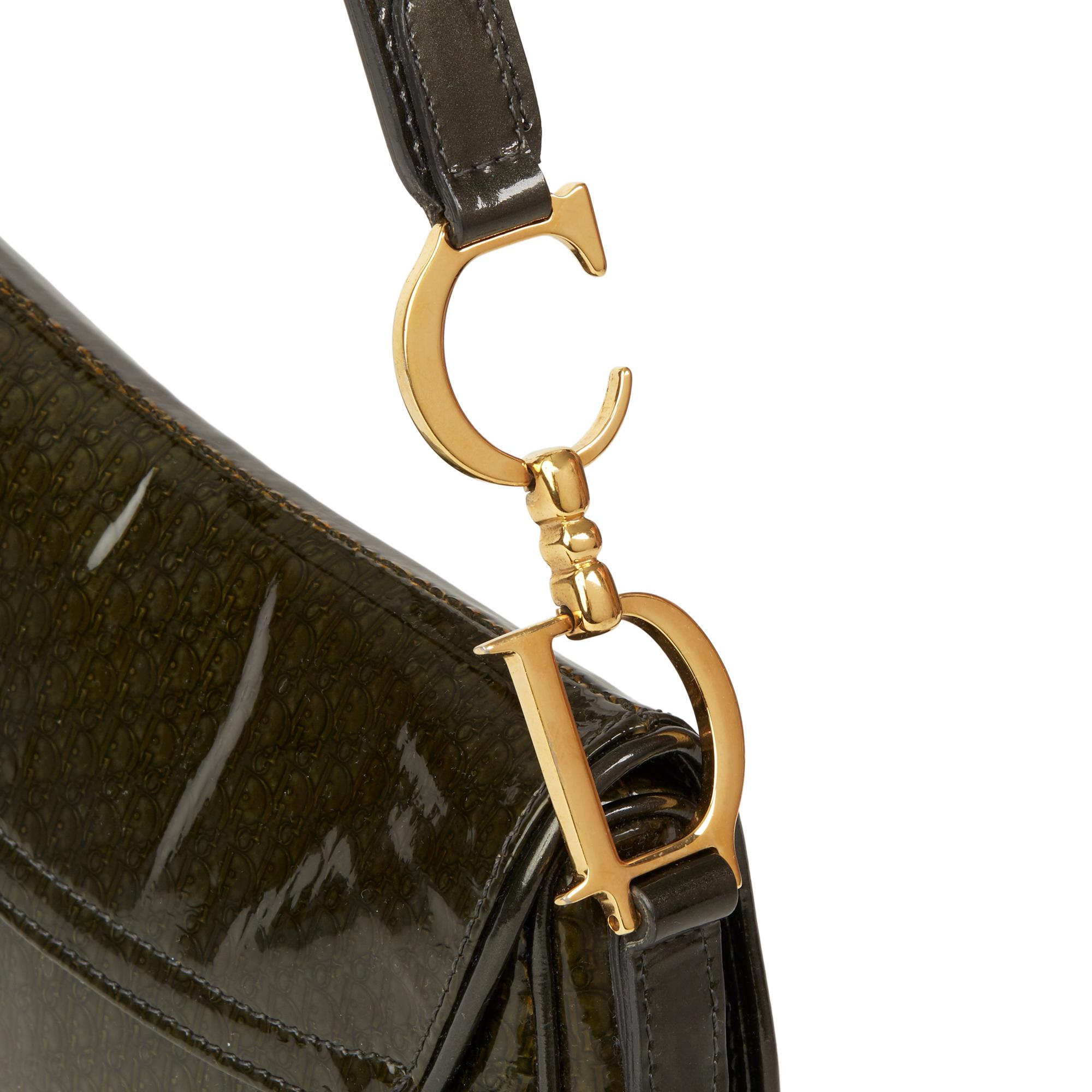 2000 Christian Dior Olive Green Monogram Patent Leather Mini Saddle Bag In Excellent Condition In Bishop's Stortford, Hertfordshire