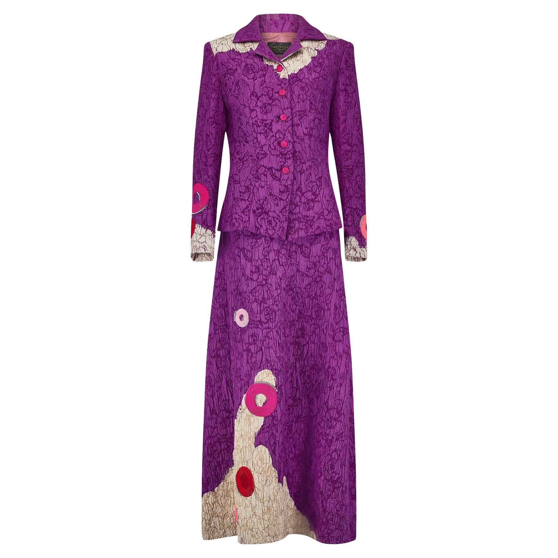 2000 Christian Lacroix Couture Purple Textured Skirt Suit For Sale