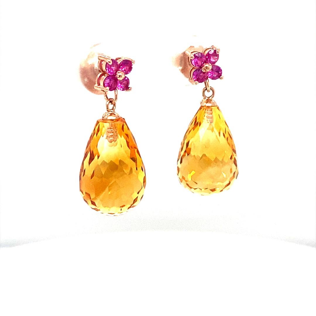 Contemporary 20.00 Citrine Pink Sapphire Rose Gold Drop Earrings For Sale