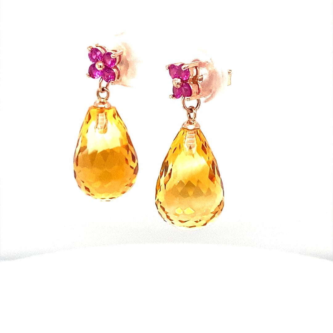Briolette Cut 20.00 Citrine Pink Sapphire Rose Gold Drop Earrings For Sale