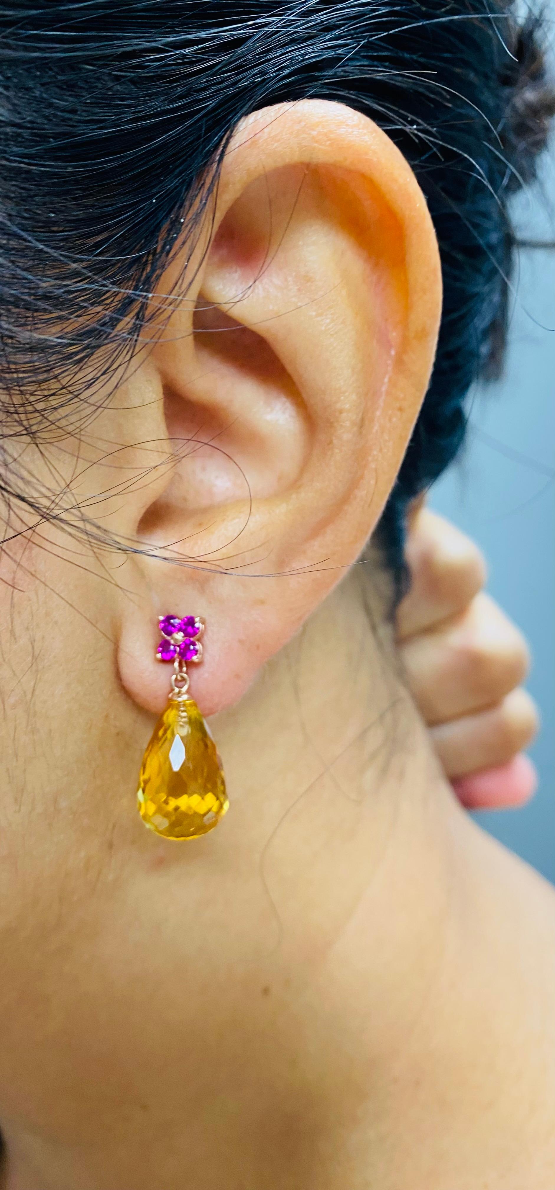 20.00 Citrine Pink Sapphire Rose Gold Drop Earrings In New Condition For Sale In Los Angeles, CA
