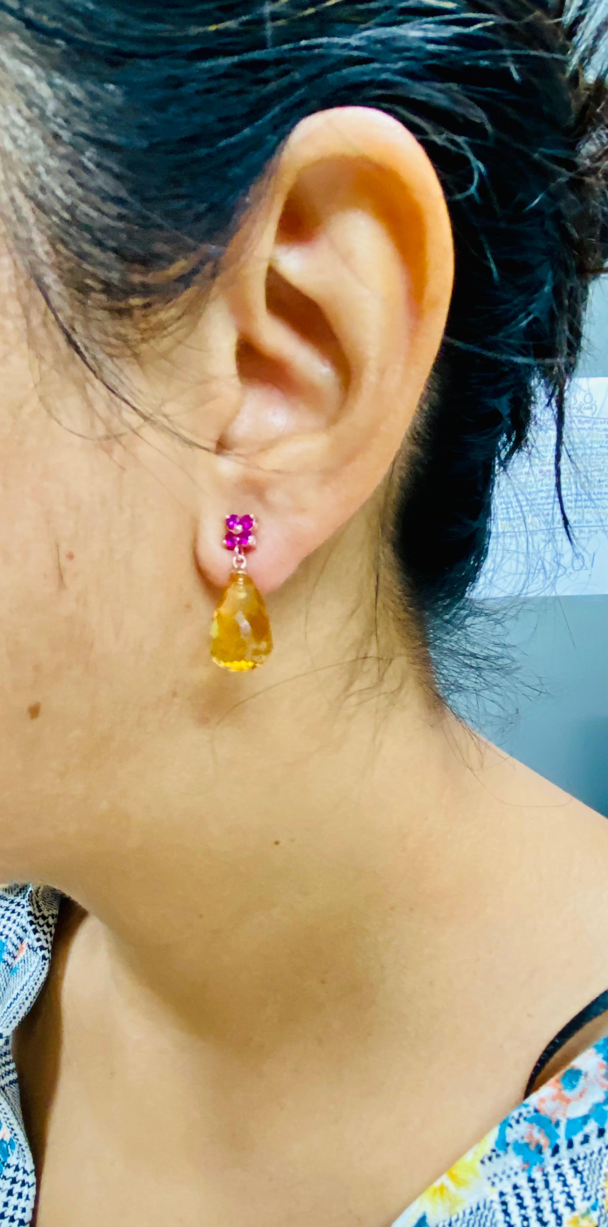 Women's 20.00 Citrine Pink Sapphire Rose Gold Drop Earrings For Sale