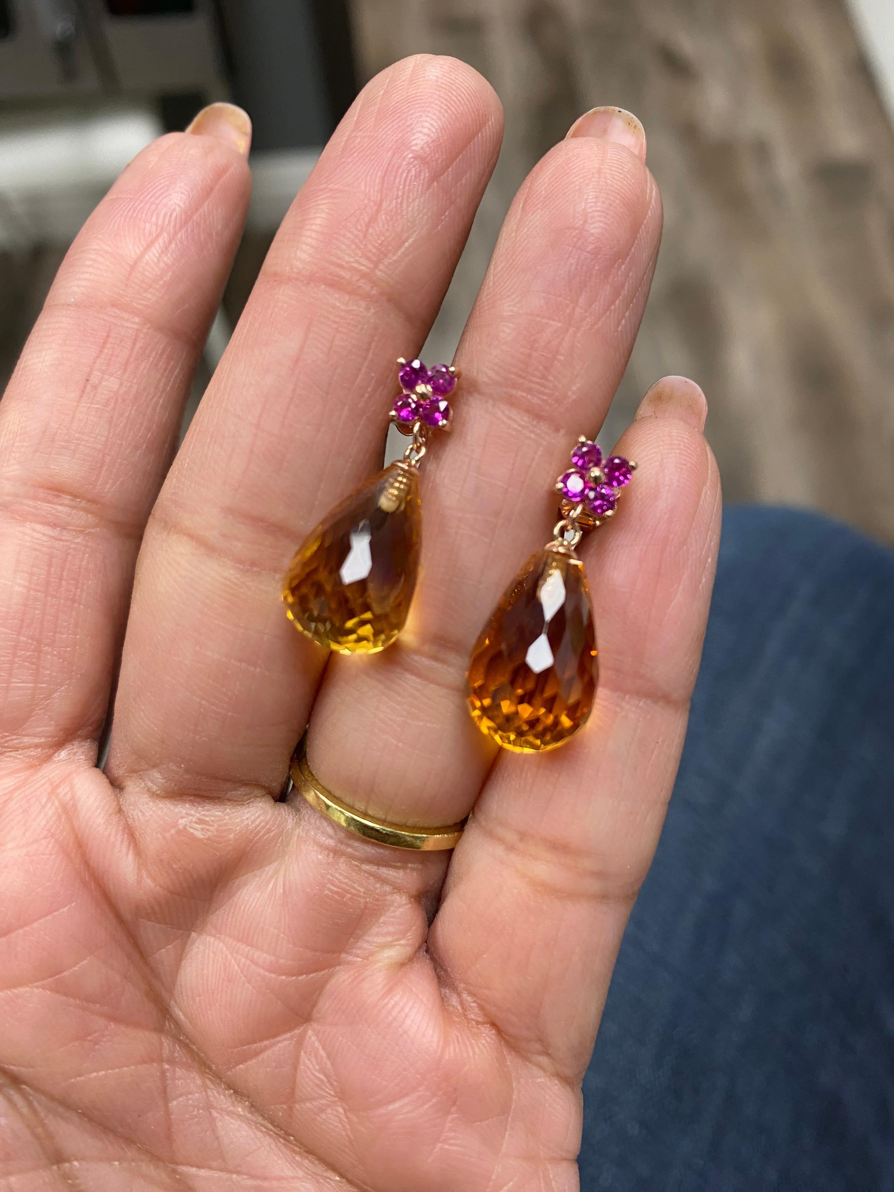 20.00 Citrine Pink Sapphire Rose Gold Drop Earrings For Sale 1