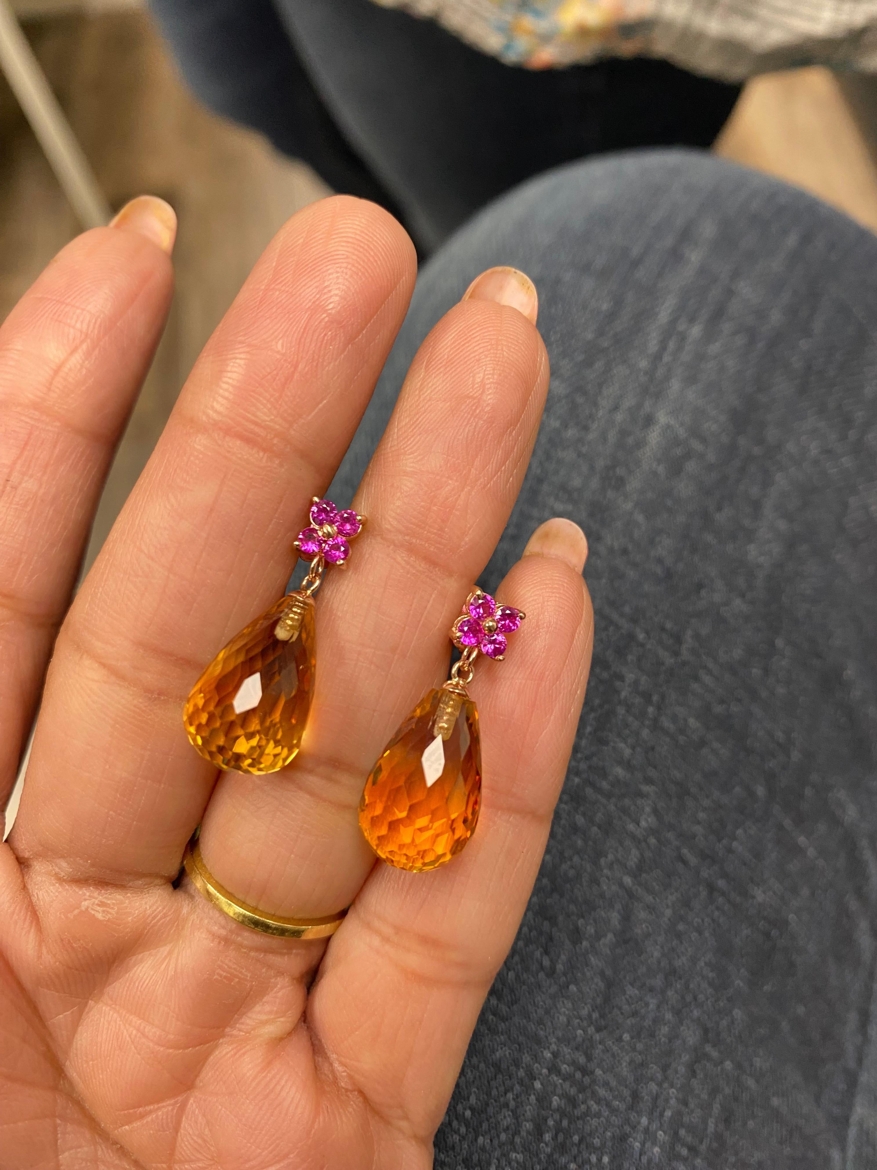 20.00 Citrine Pink Sapphire Rose Gold Drop Earrings For Sale 2