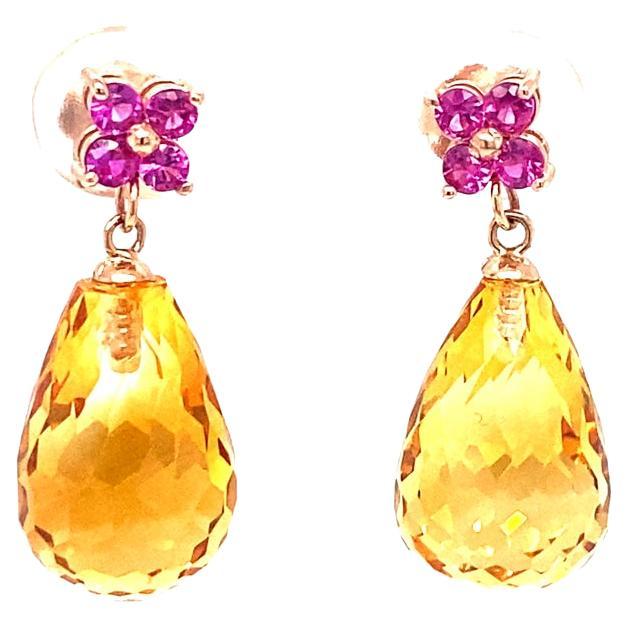 20.00 Citrine Pink Sapphire Rose Gold Drop Earrings For Sale