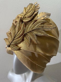 2000 Couture Gold Lamé Turban w Extravagant Beaded Embroidered Leaves & Feathers