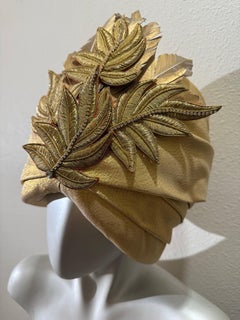 2000 Couture Gold Lamé Turban w Extravagant Beaded Embroidered Leaves 
Feathers