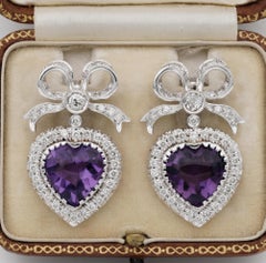 20.00 Ct Heart Amethyst 2.70 Ct Diamond 18 Kt Drop Earrings