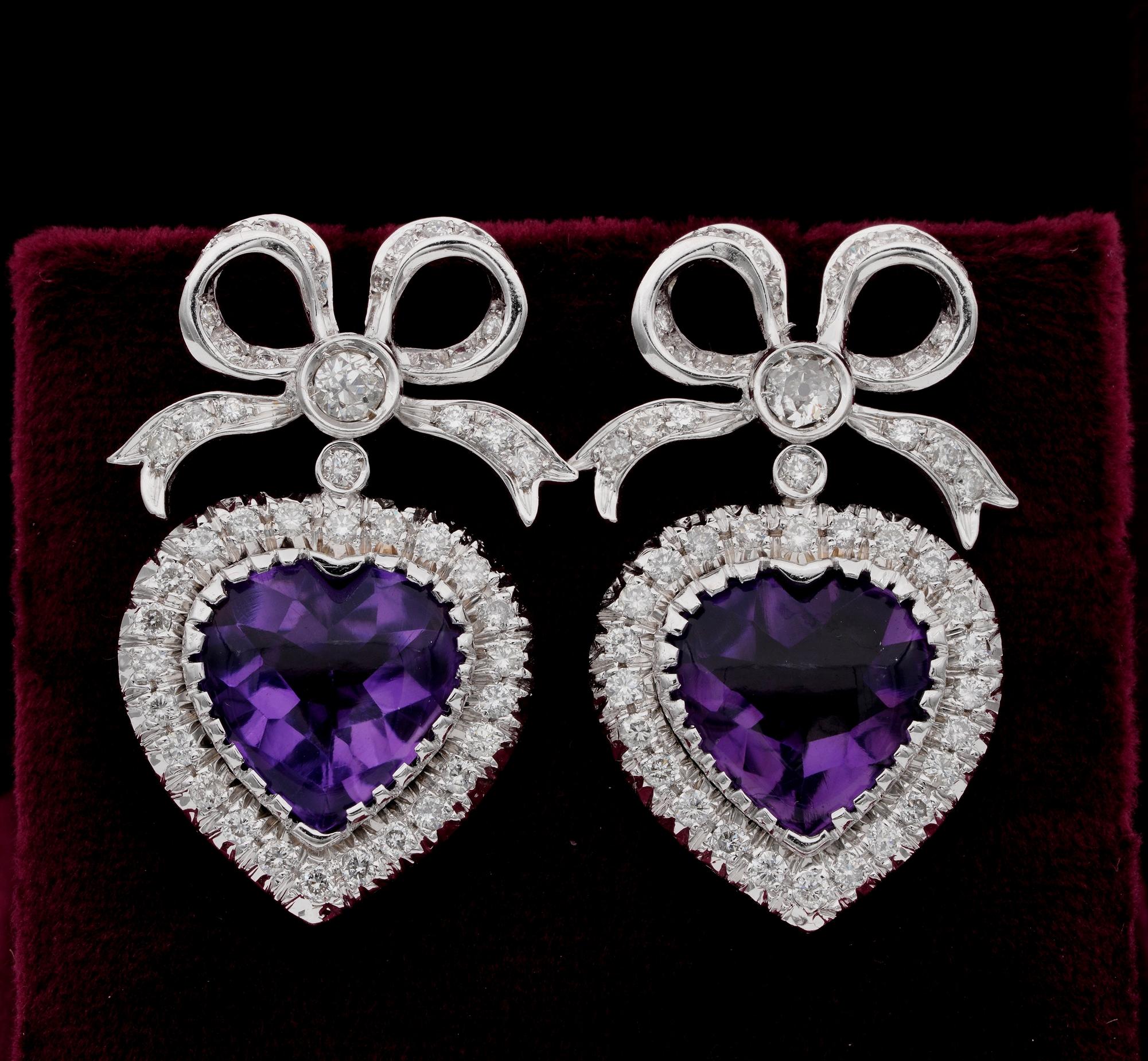 Contemporary 20.00 Ct Heart Amethyst 2.70 Ct Diamond 18 Kt Drop Earrings For Sale