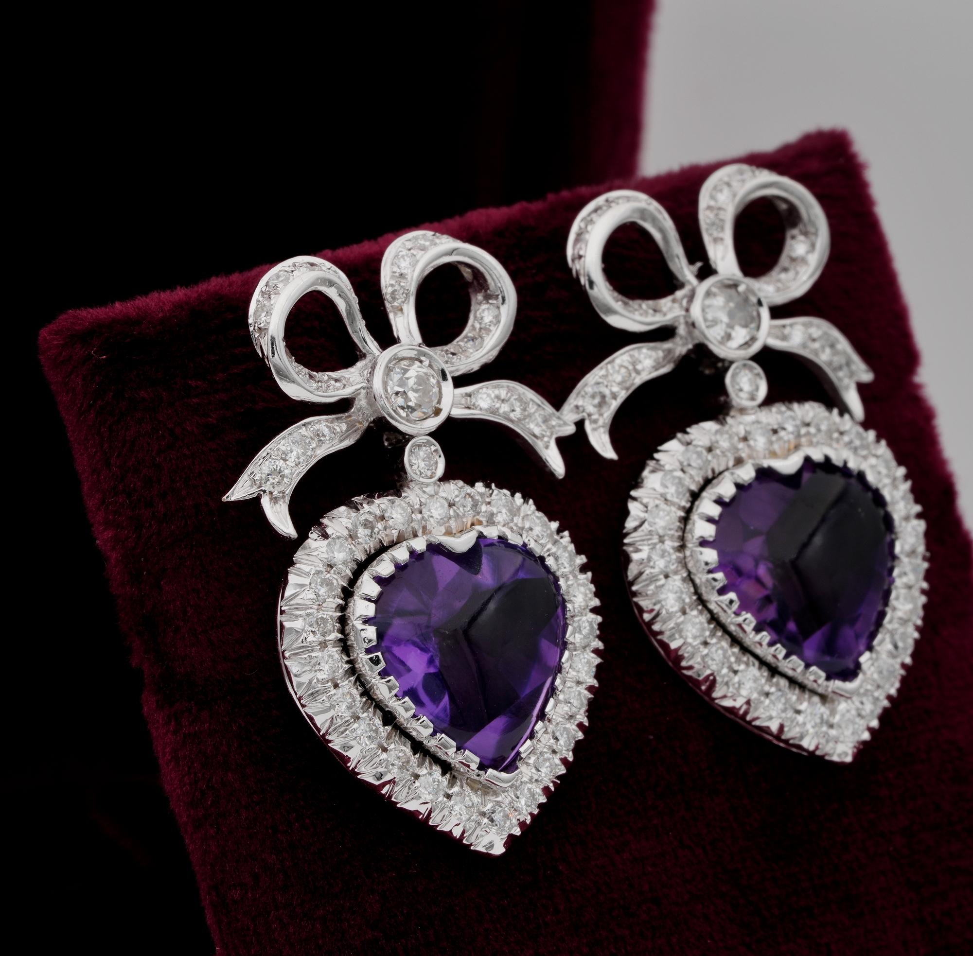 20.00 Ct Heart Amethyst 2.70 Ct Diamond 18 Kt Drop Earrings In Good Condition For Sale In Napoli, IT