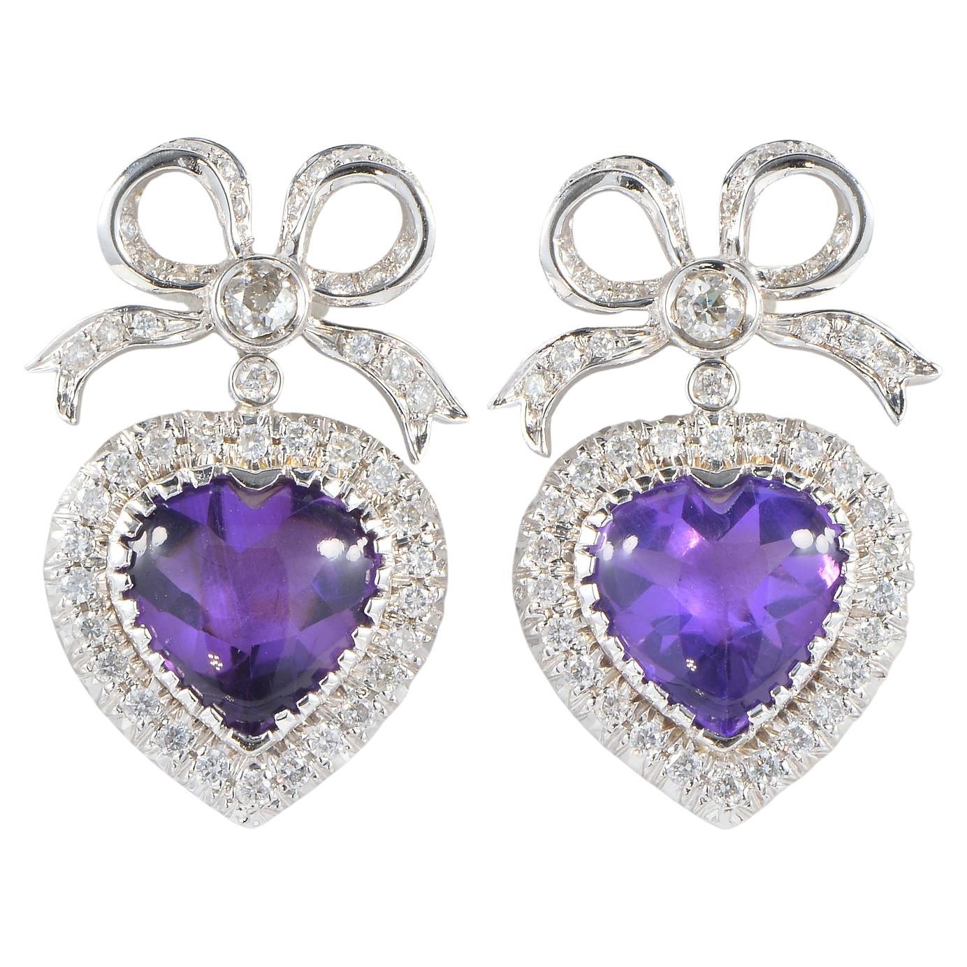 20.00 Ct Heart Amethyst 2.70 Ct Diamond 18 Kt Drop Earrings For Sale
