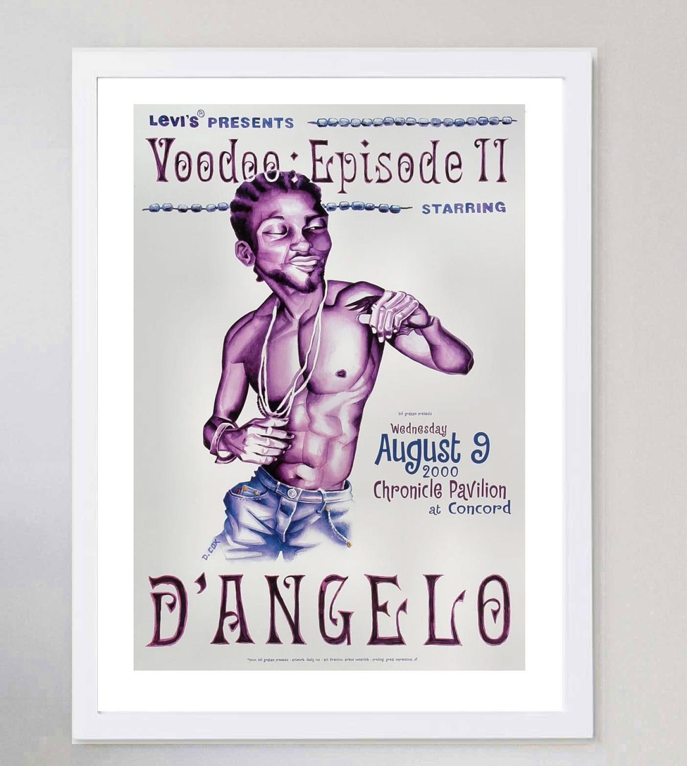 Brillante poster creato nel 2000 per promuovere lo spettacolo di D'Angelo al Chronicle Pavilion di Concord, in California. L'inafferrabile star del neo-soul e dell'R&B si esibiva a sostegno del suo successo commerciale e di critica 