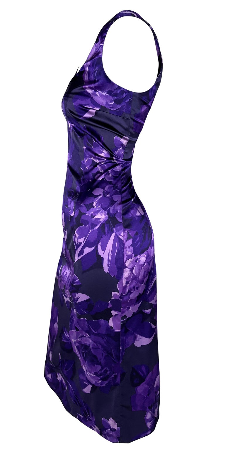 dolce and gabbana purple floral dress 2000 Dolce & Gabbana Purple Floral Print Bodycon Stretch Sleeveless Dress 44IT