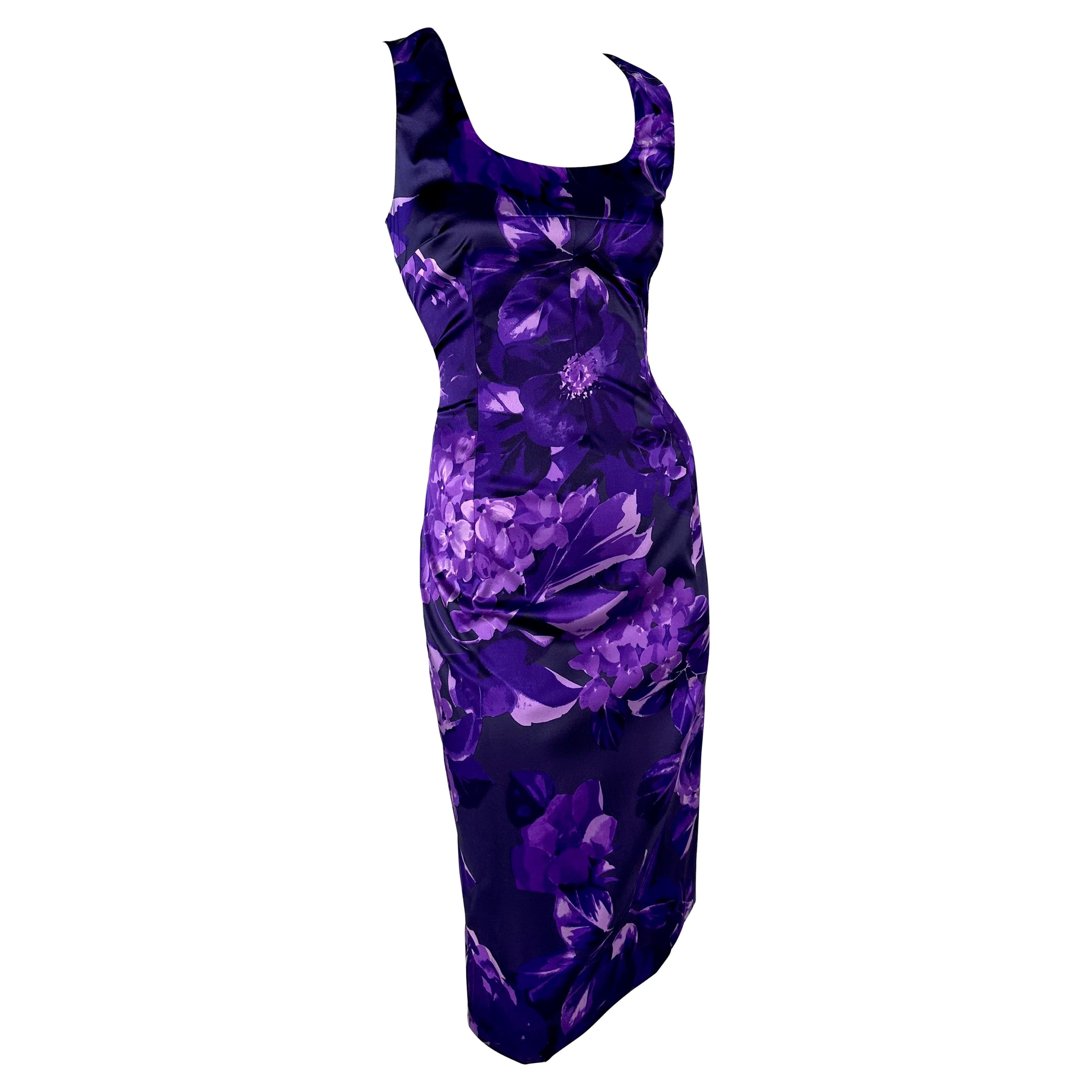 2000 Dolce & Gabbana Purple Floral Print Bodycon Stretch Sleeveless Dress For Sale 3