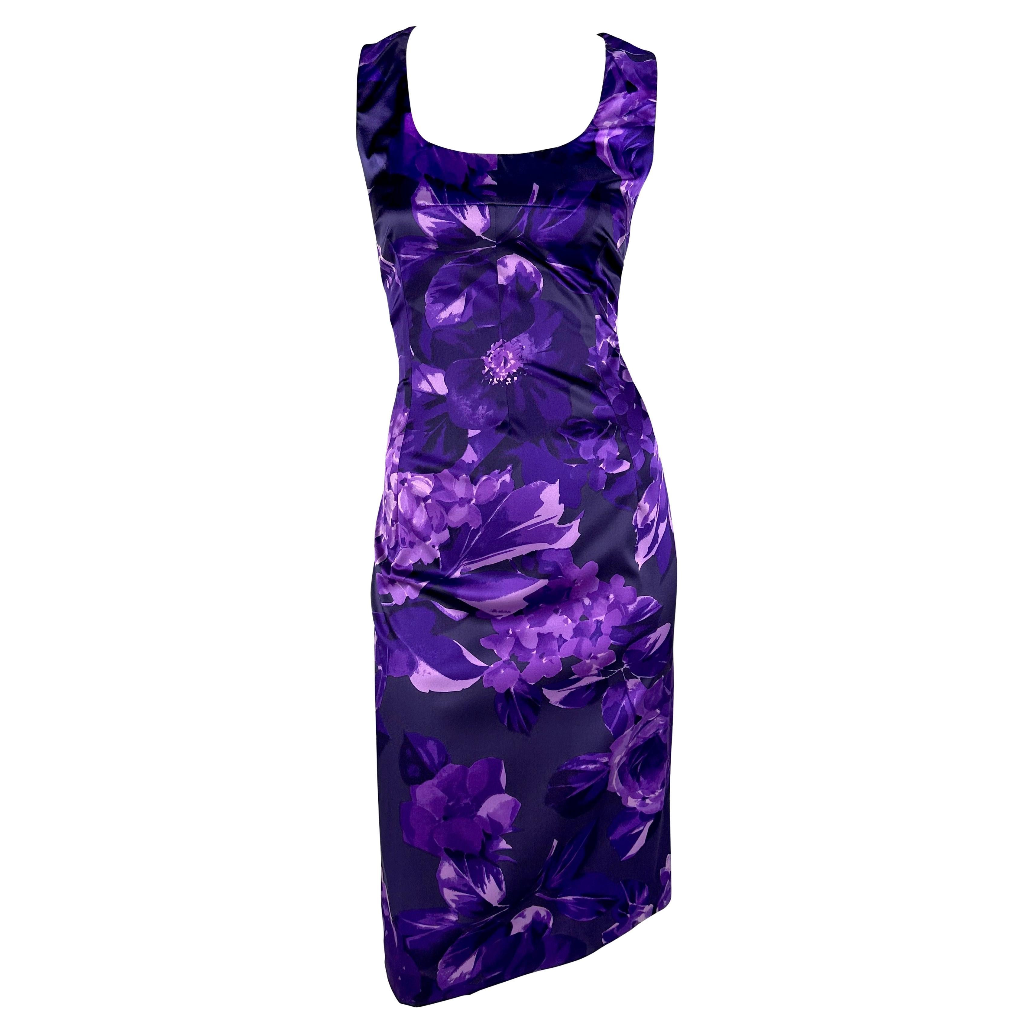 2000 Dolce & Gabbana Purple Floral Print Bodycon Stretch Sleeveless Dress For Sale