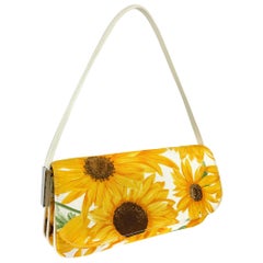 2000 Dolce & Gabbana White Leather Sunflower Print Fabric Shoulder Bag