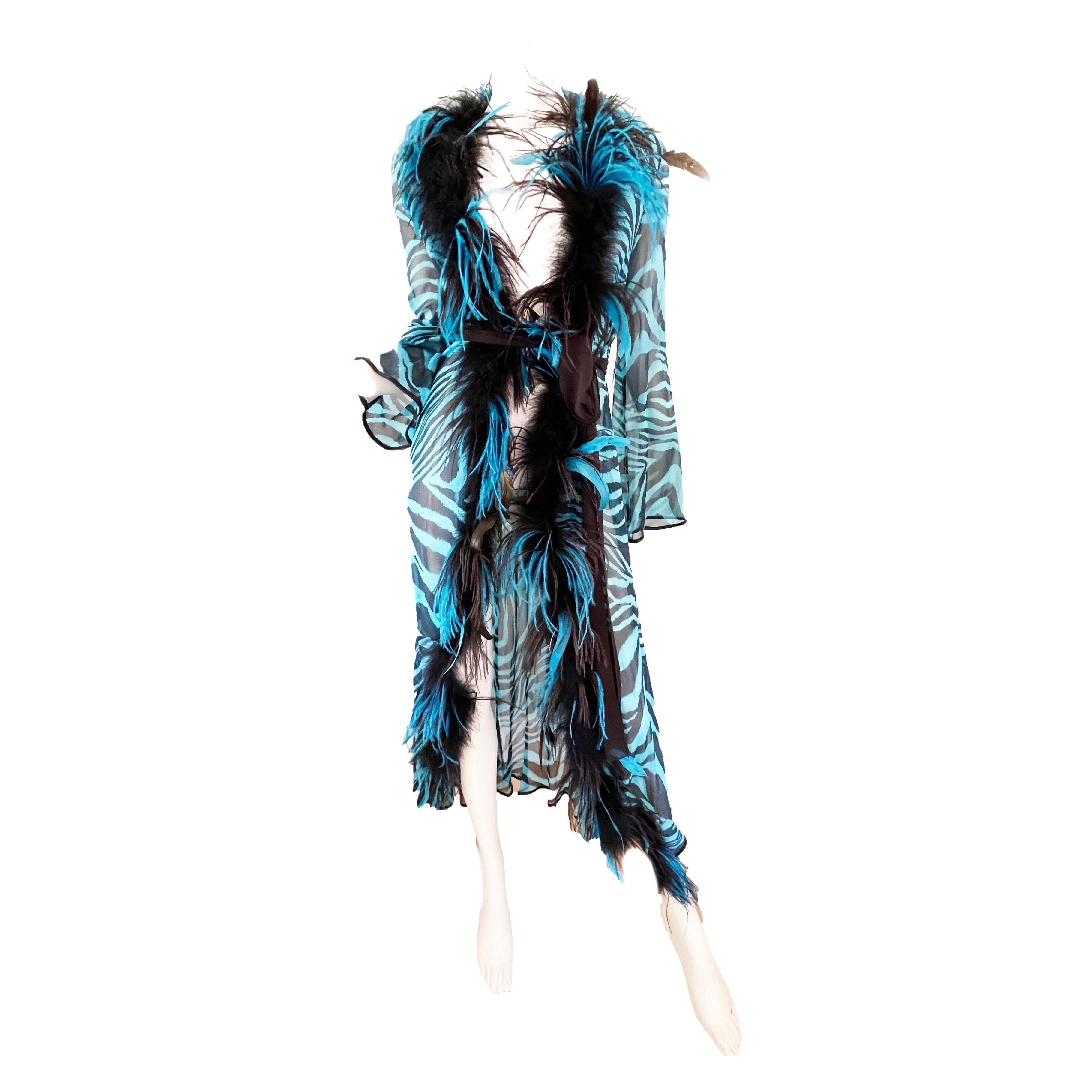 2000 F/W Cavalli Sheer Silk Zebra Feather Trim Robe 